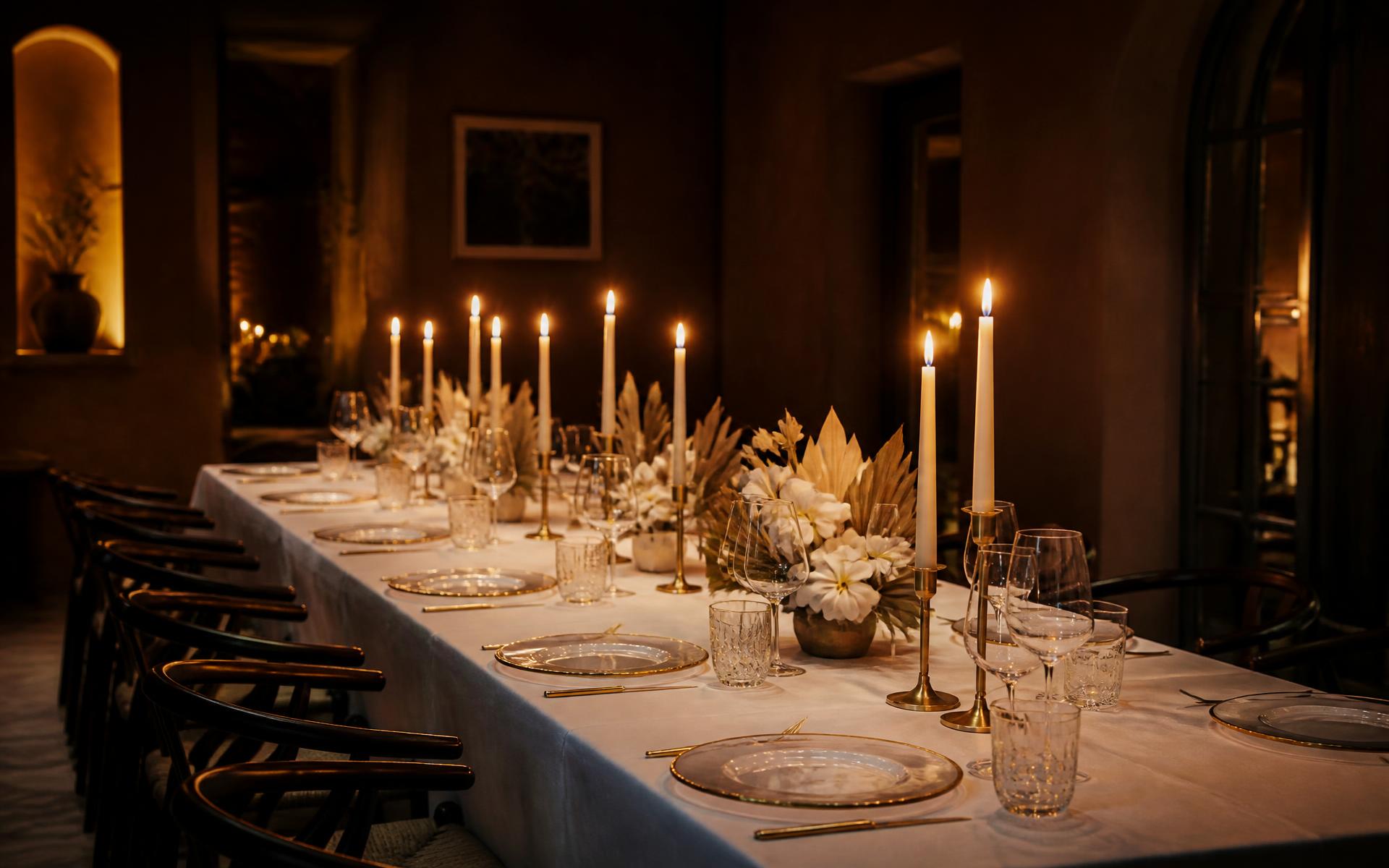 A long table set with candles for a private celebration