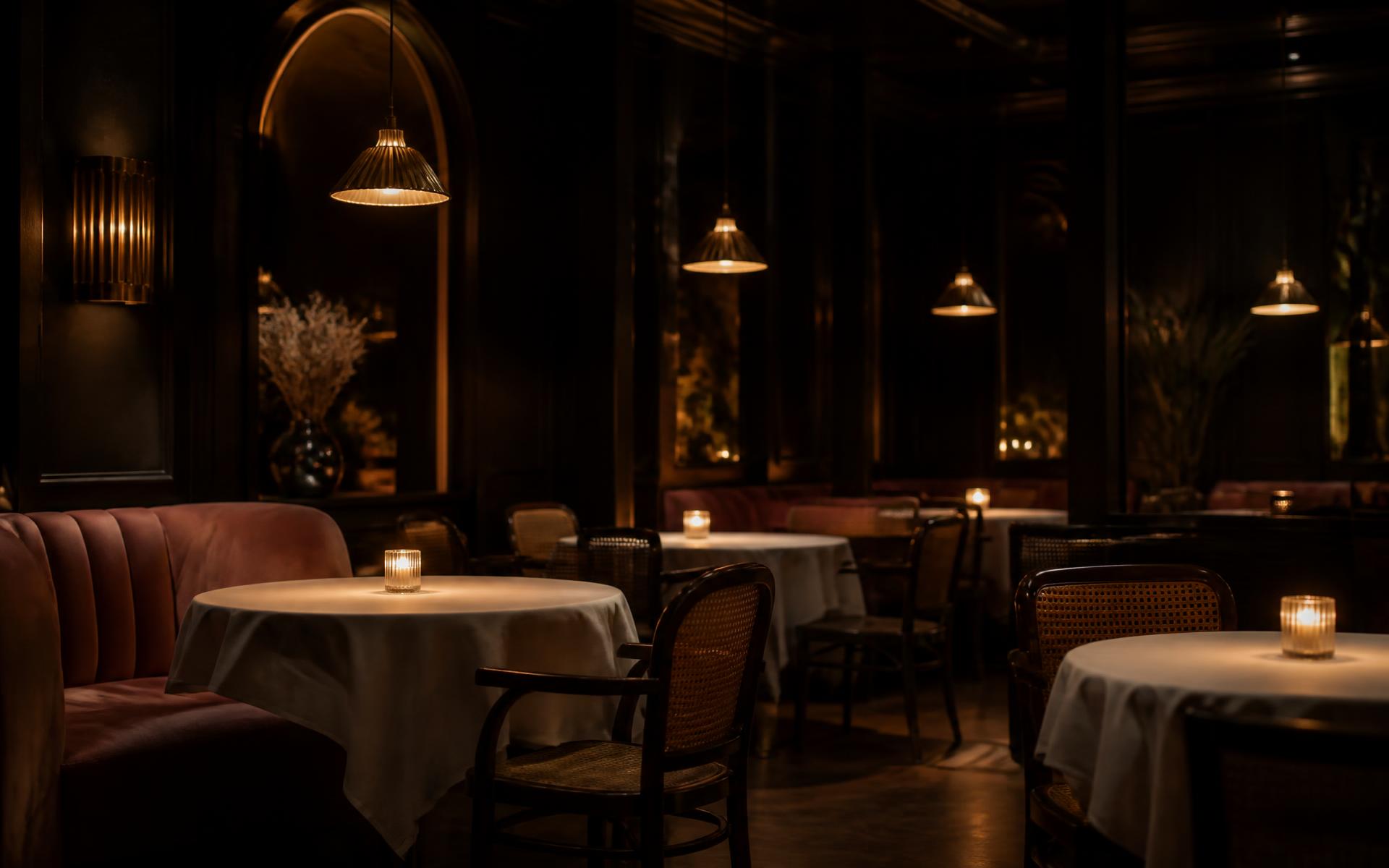 The low-lit dining room at Porte Jaune