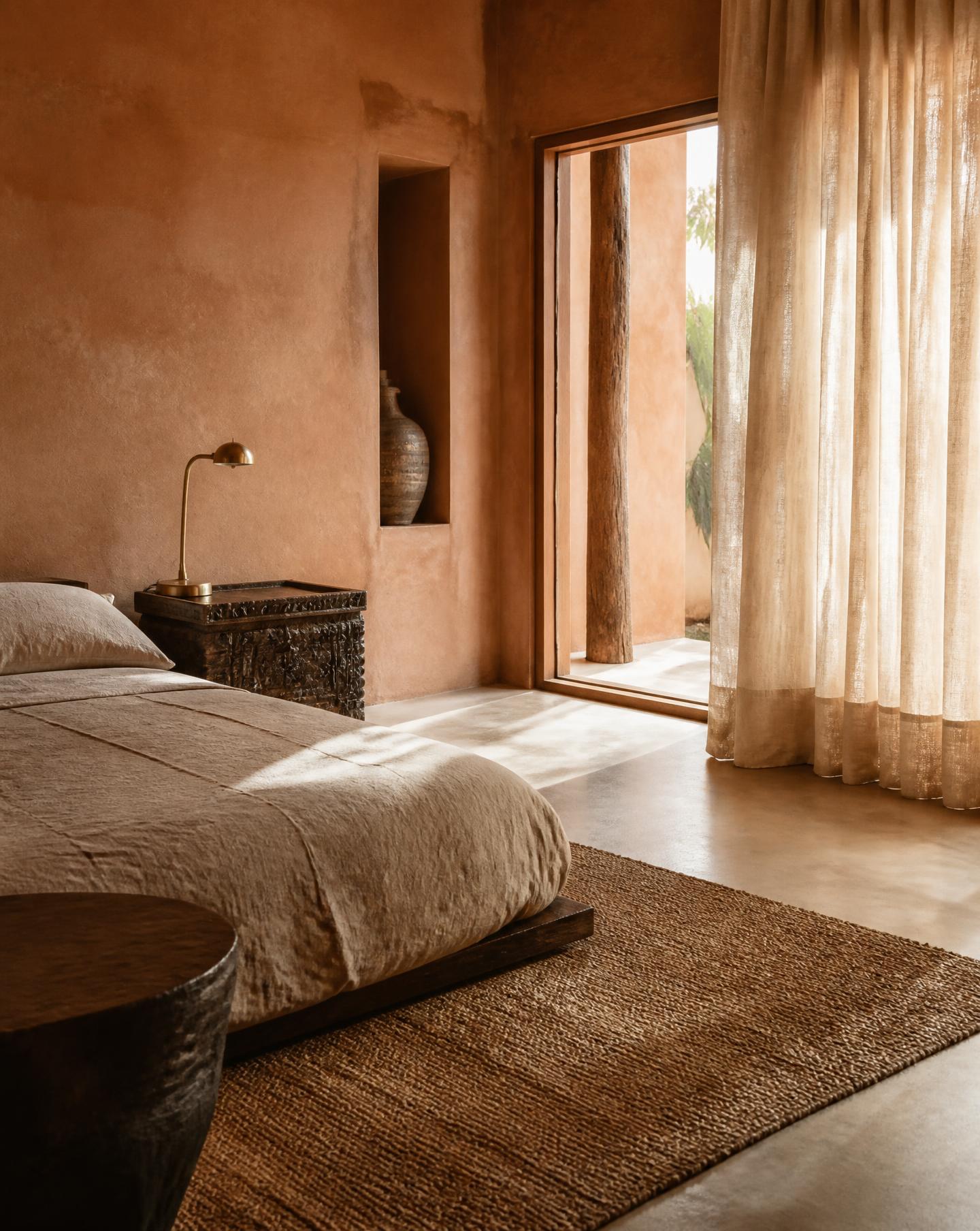 A guest room at D'Avenue, morning light across linen and plaster
